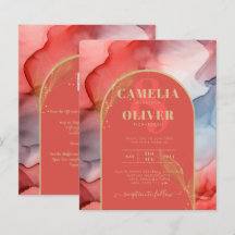 LeahG Coral Navy Blue Gold INK Wedding INVITE