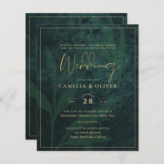 Papier LeahG Emerald Forest Green Gold Wedding Invitation (Devant / Derrière)