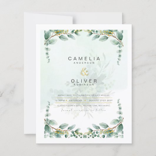 Papier LeahG Green Eucalyptus Gold Wedding Inviter QR C (Devant)