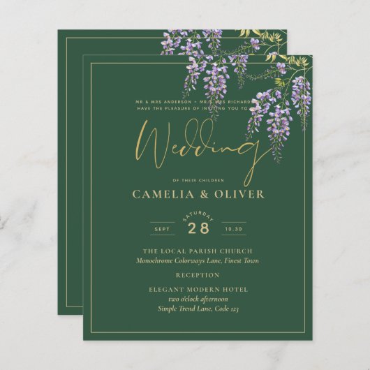Papier LeahG Green Purple Gold WISTERIA Wedding INVITE (Devant / Derrière)