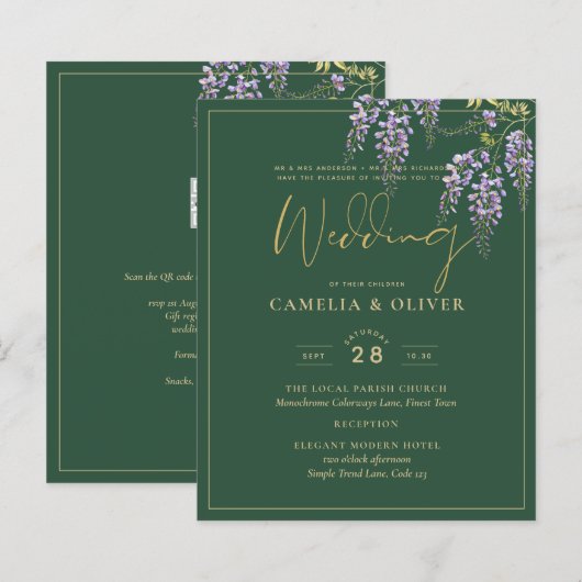 Papier LeahG Green Purple Gold WISTERIA Wedding INVITE (Devant / Derrière)
