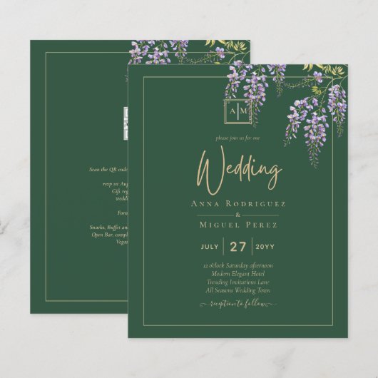 Papier LeahG Green Purple WISTERIA Wedding INVITE (Devant / Derrière)
