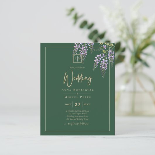 Papier LeahG Green Purple WISTERIA Wedding INVITE (Debout devant)