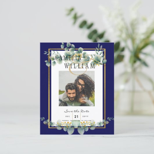 Papier LeahG NAVY BLUE OR Vert Eucalyptus Mariage (Debout devant)