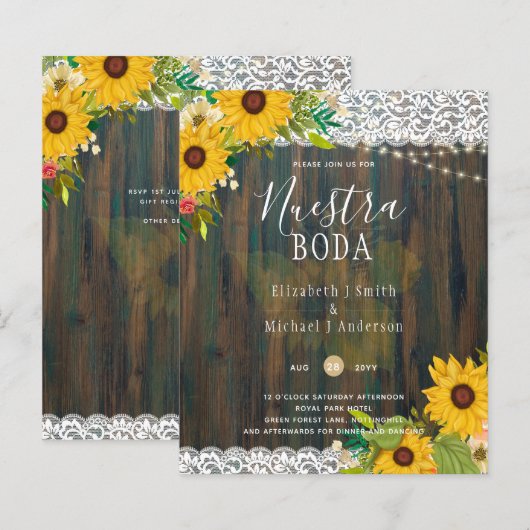 Papier LeahG Nuestra Boda Sunflowers Lights Invitation (Devant / Derrière)