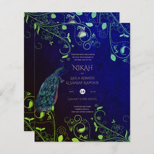 Papier LeahG Peacock Bleu Islam Mariage invite (Devant / Derrière)