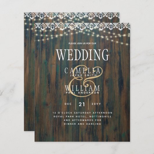 Papier LeahG Rustic Wood Lace Lumières Mariage Invitation (Devant / Derrière)