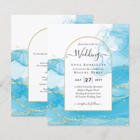 Papier LeahG Turquoise Gold Aqua Blue Wedding INVITE (Devant / Derrière)