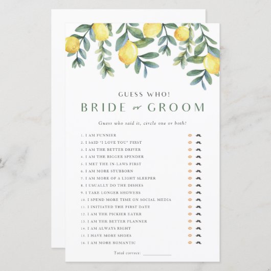 Papier Lemon Fête des mariées Jeu Il dit Elle dit (Devant / Derrière)