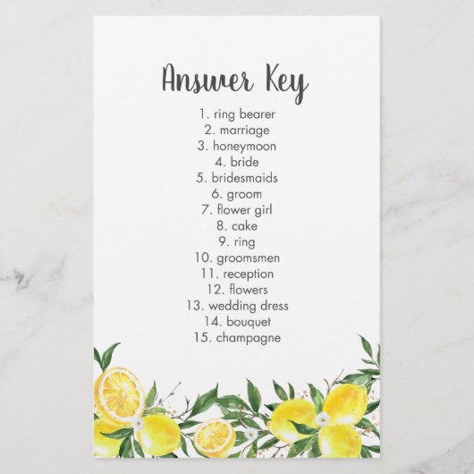 Papier Lemon Greenery Gold Bridal Word Scramble Jeu (Dos)