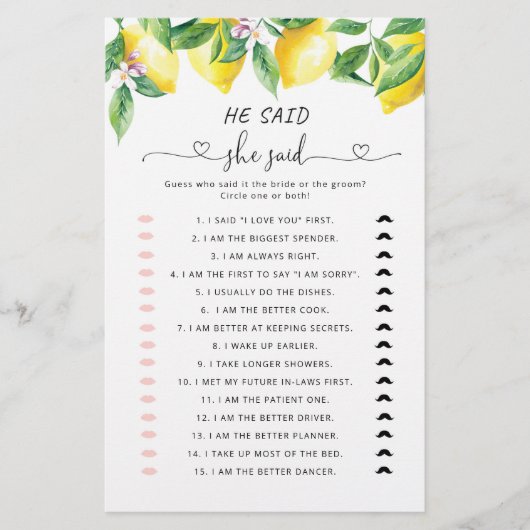 Papier Lemon Il a dit qu'elle a dit jeu de douche (Devant)