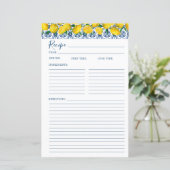 Papier Lemon Italian Blue tile Bridal Shower Recipe Card (Debout devant)