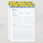 Papier Lemon Italian Blue tile Bridal Shower Recipe Card (Devant / Derrière)