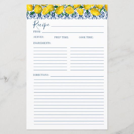 Papier Lemon Italian Blue tile Bridal Shower Recipe Card (Devant)