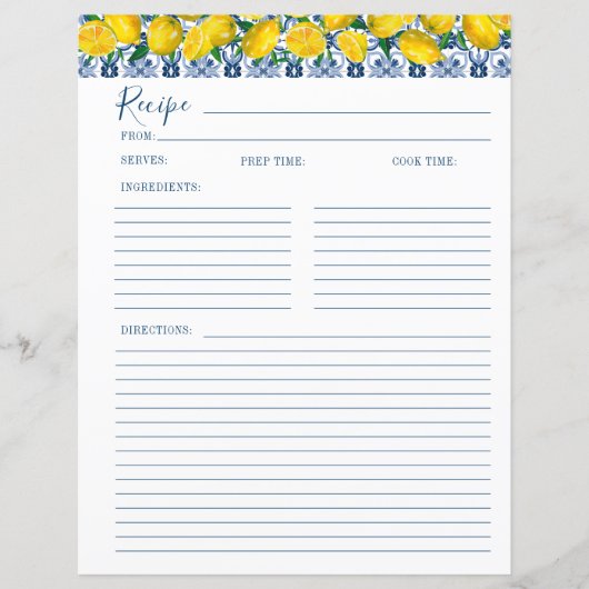 Papier Lemon Italian Blue tile Bridal Shower Recipe Card  (Devant)