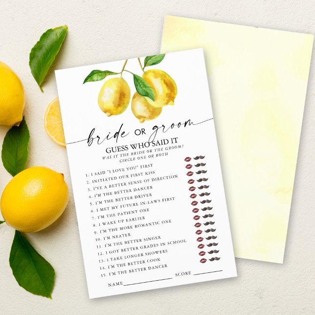 Papier Lemon Who Said it Fête des mariées Games (Entertain and delight your guests with our stylish lemon "Guess who said it" bridal shower game.)