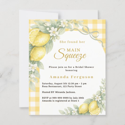 Papier Lemons gingham squeeze Bridal Shower invitation (Devant)