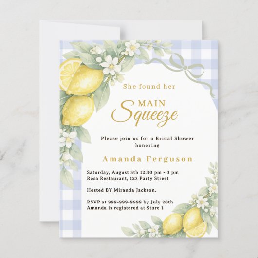 Papier Lemons gingham squeeze Bridal Shower invitation (Devant)