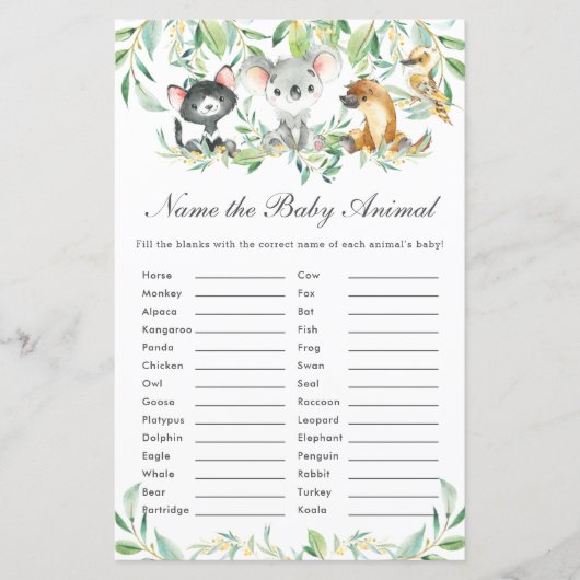 Papier Les animaux australiens nomment le jeu de divertis (Devant)