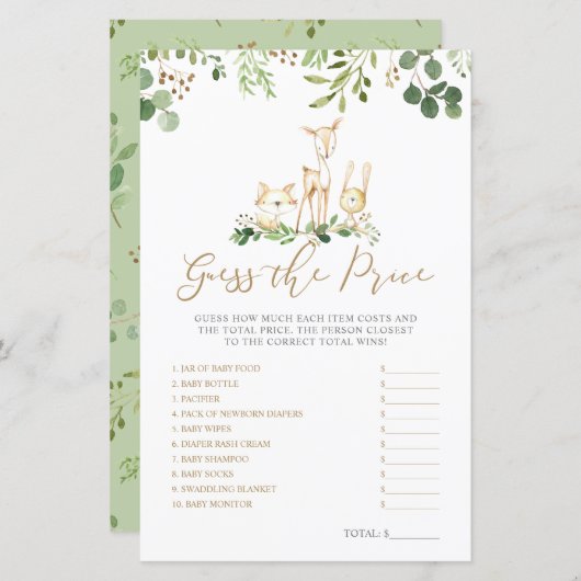 Papier Les animaux des bois devinent le jeu du Baby showe (Devant / Derrière)