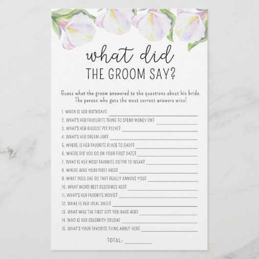 Papier Les fleurs de Calla - Qu'est-ce que le marié a dit (Devant)