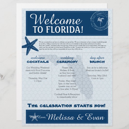 Papier Lettre de bienvenue d'étoile de mer de mariage ble (Devant / Derrière)