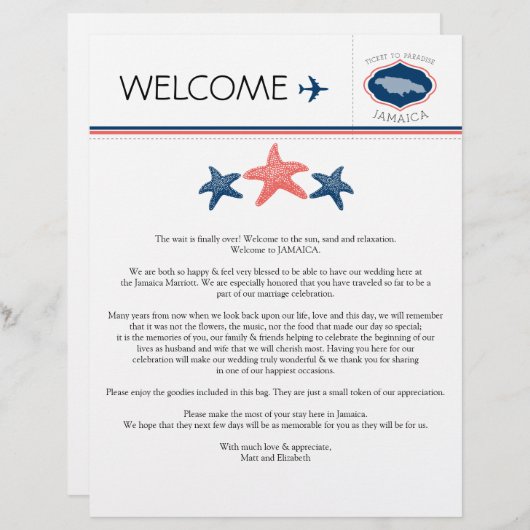 Papier Lettre de bienvenue du Mariage Starfish pour la Ja (Devant / Derrière)