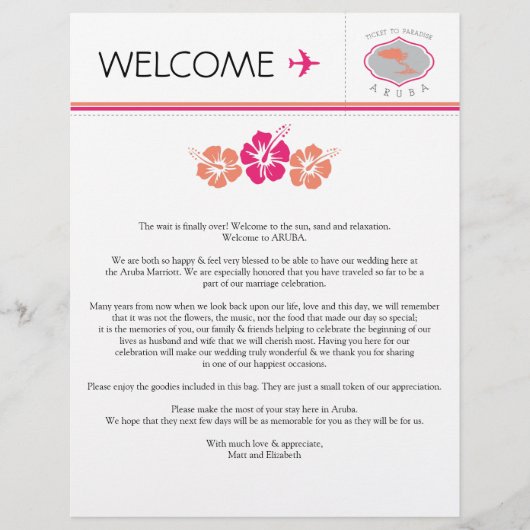 Papier Lettre de bienvenue mariage pour Aruba (Devant)
