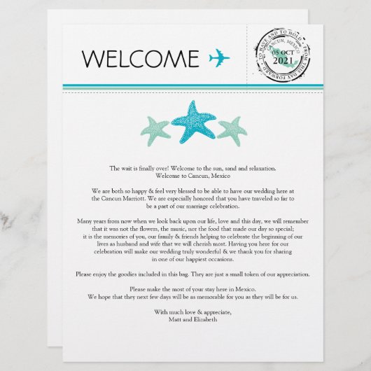 Papier Lettre de bienvenue mariage pour Cancun Mexique (Devant / Derrière)
