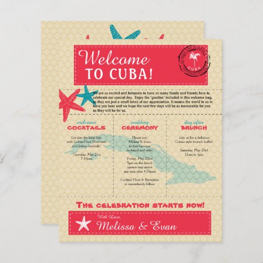 Papier Lettre de bienvenue mariage pour Cuba Turquoise ro (Devant / Derrière)