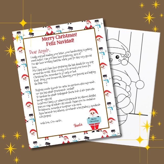 Papier LETTRE Père Noël blanche bilingue pour enfants Esp (White bilingual letter from Santa  Christmas, Custom text, name & personalized Multilingual Project)