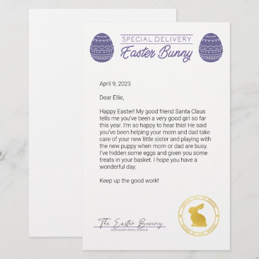 Papier Lettre Violette Du Lapin De Pâques (Devant / Derrière)