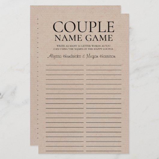 Papier LGBTQ Nom de couple Jeu rustique (Devant / Derrière)