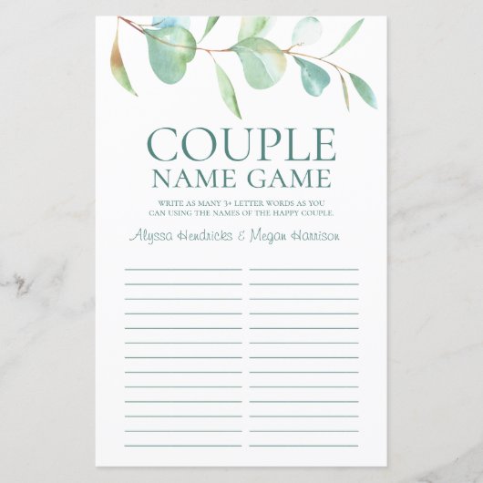 Papier LGBTQ Nom du couple Jeu Eucalyptus (Devant)