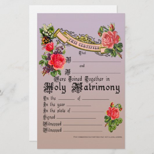 Papier Licence de Mariage commémoratif (Devant / Derrière)