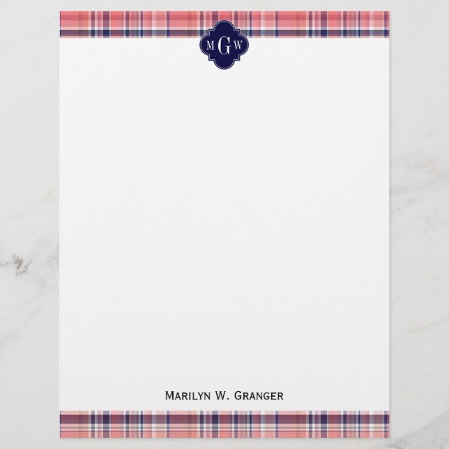Papier Light Coral Navy Whats Preppy Madras Monogramme (Devant)