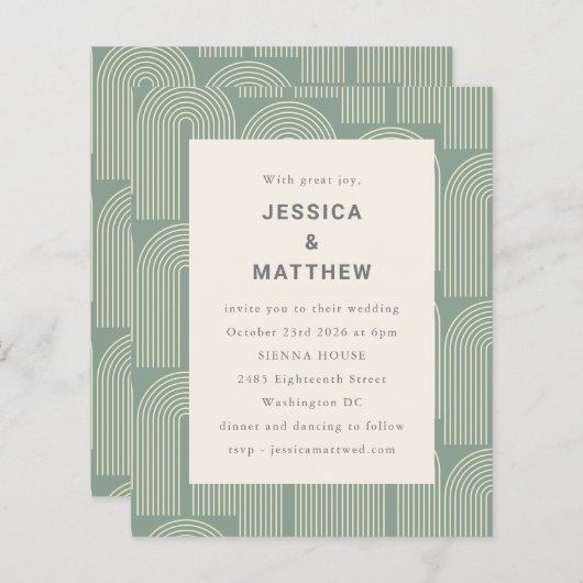 Papier Ligne Arc Budget Art Sage Green Faire-part de mari (Devant / Derrière)