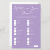 Papier Lilac Purple Purse Items Bridal Shower Game (Devant / Derrière)