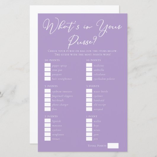 Papier Lilac Purple Purse Items Bridal Shower Game (Devant / Derrière)