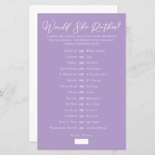 Papier Lilac Purple Would She Rather Bridal Shower Game (Devant / Derrière)
