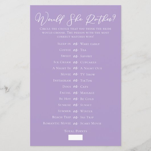 Papier Lilac Purple Would She Rather Bridal Shower Game (Devant)