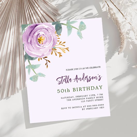 Papier Lilac violet rose budget anniversaire invitation