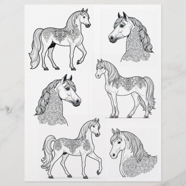 Papier Line Art Damask Design Chevaux de tatouage (Devant)