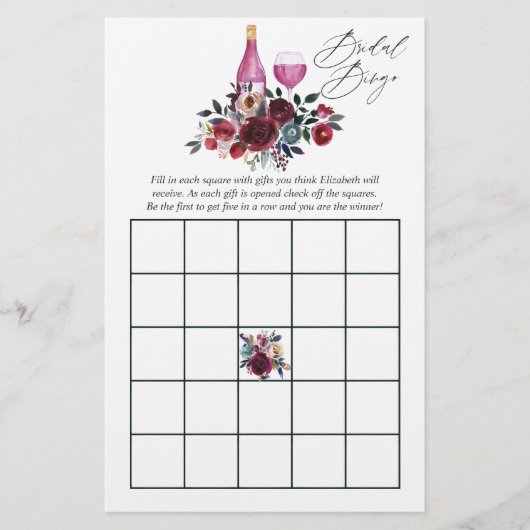 Papier Lingo de Bingo de Mariage au Dégustation de Vin de (Devant)