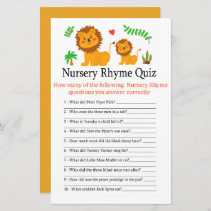 Papier Lion Nursery Rhyme Quiz jeu de baby shower