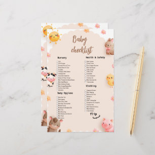 Papier Liste de contrôle du Baby shower des animaux de fe
