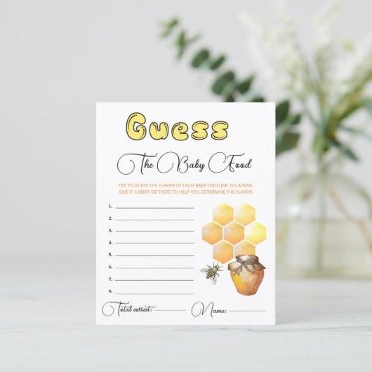 Papier Little Bee Baby shower Guess the Baby Food Card. (Debout devant)