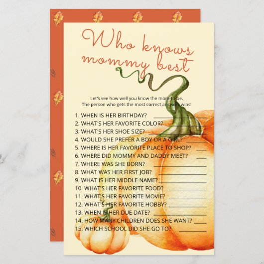 Papier Little Citrouille Qui connaît maman meilleur jeu (Devant / Derrière)