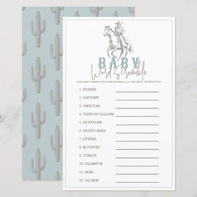 Papier Little Cowboy Western Blue Baby Word Scramble (Devant / Derrière)