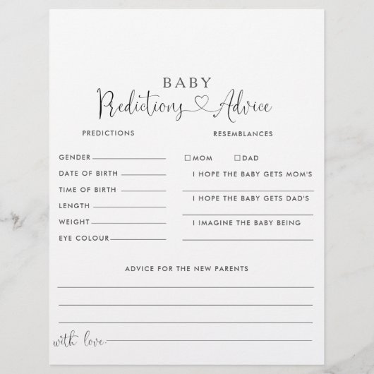 Papier Love Fancy Script Baby Predictions & Conseils Cart (Devant)